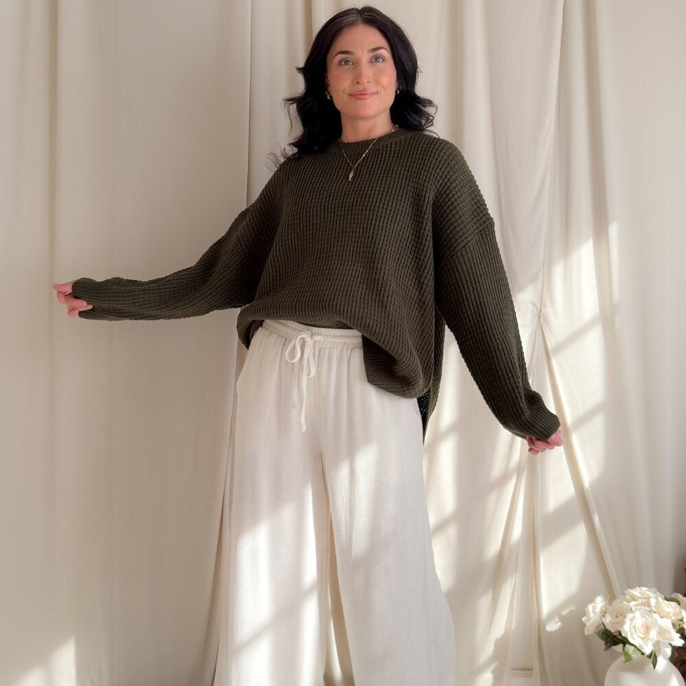 Ivory Linen Blend Wide Leg Drawstring Pants - Picture 10 of 16
